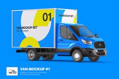 a blue van mockup with the number one on it's side and an ad for