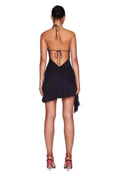 VIRA MINI DRESS - BLACK – I.AM.GIA North America Black Dress Mini Formal, Mini Dress With Cutouts, Halter Neck Ruffle Dress, Low Cut Bodycon Dress, Skirt With Straps, Fox Video, Gia Dress, Black Women Dress, Outing Outfit