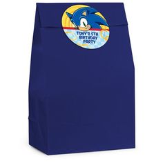 a blue party bag with an image of a cartoon character on the front and bottom