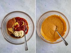 two bowls filled with different types of food and one has spoons in it to stir them together