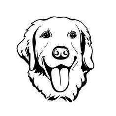 a black and white drawing of a dog's face with its tongue out,