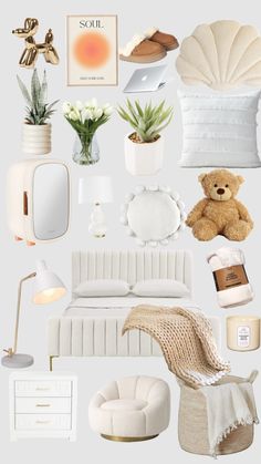 a collage of white furniture and accessories including a bed, chair, mirror, lamp, vase with flowers on it