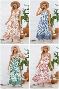 acelimosf™-Vintage Floral Print Summer Maxi Dress Summer V-neck Vintage Print Dresses, Vintage Print V-neck Summer Dresses, Summer V-neck Dress With Vintage Print, Summer Vintage Print V-neck Dress, Vintage V-neck Vacation Dresses, Vintage V-neck Dresses For Vacation, V-neck Boho Print Dress For Garden Party, Vintage Floral Print Vacation Dresses, Summer Maxi