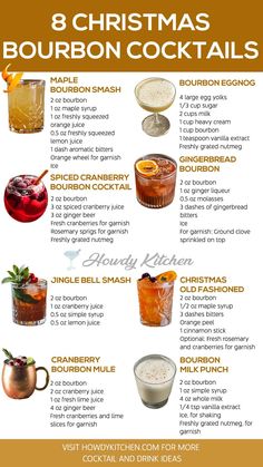 A festive collection of Christmas bourbon cocktails, featuring recipes like Gingerbread Bourbon, Christmas Old Fashioned, and Bourbon Milk Punch, ideal for cozy holiday gatherings. Bourbon Holiday Drinks, Bourbon Cocktail Winter, Christmas Bourbon Cocktails, Xmas Drinks, Classic Drinks, Christmas Drink, Bourbon Drinks, Impressive Recipes