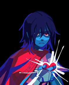 an anime character with blue hair and red shirt holding a heart in his hands, against a black background