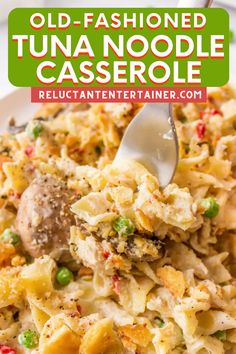 an old - fashioned tuna noodle casserole is shown with a spoon in it