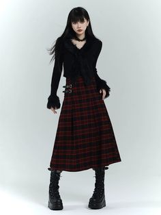 Academic Goth Aesthetic, Long Plaid Skirt Outfit Grunge, Goth Winter Fashion, Mall Goth Fits, 80 Style Outfits, Long Tartan Skirt Outfit, Skirt Long Outfits, Long Skirt And Boots Outfit, Touch Of Red Outfit