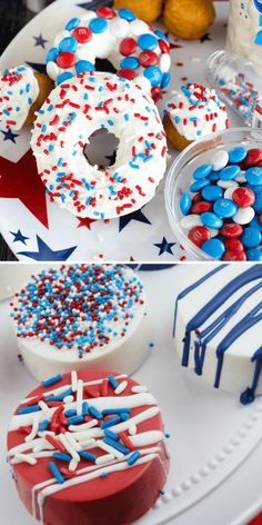 red, white and blue donuts with sprinkles sit on a plate