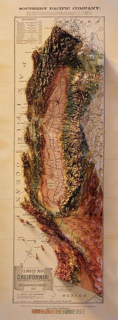 an old map of the state of california with mountains and rivers on it's sides