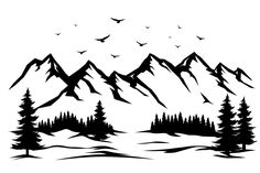 a mountain scene with trees and birds flying over the snow covered ground in front of it