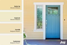 a blue front door on a yellow house with the words paint colors in different shades