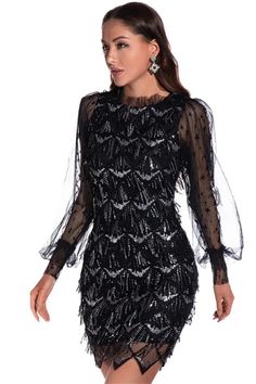 Delight in luxury and style with our Jagged Edge Sequin Fringe Mini Dress. Adorned with a glittering sequin pattern and jagged edge fringing, this exquisite dress will ensure you shine at your next occasion. Desiring a unique look? This dress is the perfect way to express your originality! Decoration Embroidery , Sequined , Tassel Length Above Knee, Mini Style Elegant Fabric Type Mesh , Sequin , Blended fabrics Material Polyester , Lanon Neckline Mandarin Collar Pattern Type Patchwork Silhouette Dress 1920s Style, Gatsby Dress, Fringe Mini Dress, Stitching Dresses, 1920s Style, Cocktail Dress Vintage, Evening Dresses Short, Party Dress Long Sleeve, Long Sleeve Sequin