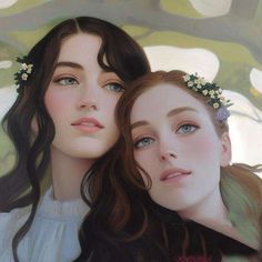 two young women with flowers in their hair