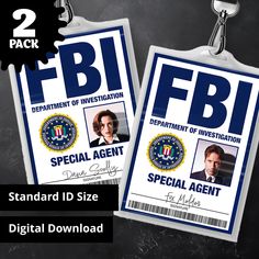 two id badges with the words, f b i and special agent