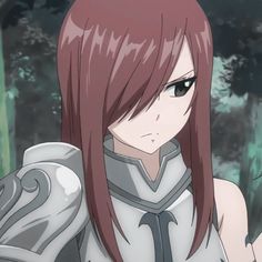 an anime character with long red hair wearing armor