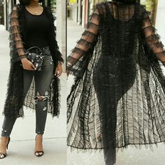 Pleated Sheer Mesh Longline 100% Polyester Non-stretch Chic Cardigan For Spring, Chic Summer Outerwear For Night Out, Non-stretch Black Outerwear For Winter, Chic Fall Cardigan For Party, Chic Fall Party Cardigan, Black Long Sleeve Spring Cardigan, Black Long Sleeve Cardigan For Spring, Elegant Black Summer Outerwear, Summer Long Sleeve Outerwear For Night Out