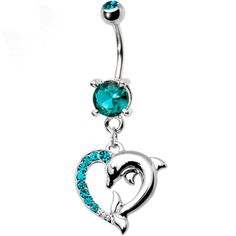 a blue belly ring with a dolphin and heart on the bottom, surrounded by crystal stones