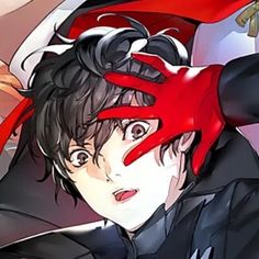 an anime character with black hair and red eyes