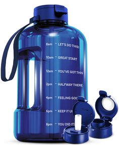 a large blue water bottle next to an open lid with instructions on how to use it