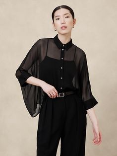 Oversized Drapey Shirt | Banana Republic Factory Sheer Tuxedo Shirt, Eccentric Style Women, Long Blouses, Auntie Era, Chanel Loafers, Eccentric Style, Clothing Wishlist, Wardrobe Update, Shirts Women Fashion