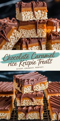 chocolate caramel rice krispie treats stacked on top of each other with text overlay