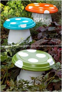 three different colored stools in the grass with white polka dots on them and one green, blue, and orange