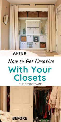 an open closet with clothes hanging in it and the words how to get creative with your closets