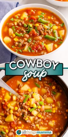 2-image collage showing Cowboy Soup Cowboy Supper Crock Pot, Soups In The Crockpot Easy Recipes, South Western Soup, Tik Tok Soup, Cowboy Soup Recipe Crock Pot, Tex Mex Soup Recipes, Soup On A Budget, Instant Soup Mix Recipes, Easy Cowboy Soup