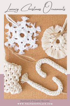 Luxury Christmas ornaments. Mini Christmas stocking, wreaths, snowflakes and macrame candy canes.