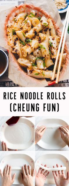 how to make rice noodle rolls with chopsticks and sauce on the side