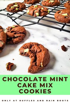 chocolate mint cake mix cookies on a cooling rack with text overlay that reads, chocolate mint cake mix cookies only at ruffles and rain boots