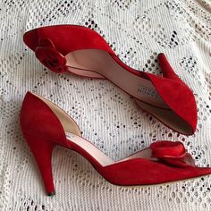 Excellent Condition Never Been Worn Size 10 Red Suede, Patent Trim. Medium 3” Heel Height. Fitted Red Court Shoes For Evening, Elegant Fitted Red Court Shoes, Formal Red Round Toe Heels, Elegant Red Court Shoes For Summer, Fitted Red Court Shoes With Padded Heel, Formal Spring Heels With Red Sole, Formal Red Sole Heels For Spring, Elegant Red Court Shoes With Round Toe, Elegant Red Court Shoes