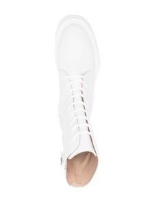 White Leather Ankle Combat Boots, Modern White Boots With Lug Sole, Modern White Boots With Rubber Sole, White Leather High-top Combat Boots, White High-top Leather Combat Boots, White Lace-up Platform Boots, White High-top Leather Lace-up Boots, White High-top Lace-up Leather Boots, White High-top Combat Boots With Lug Sole