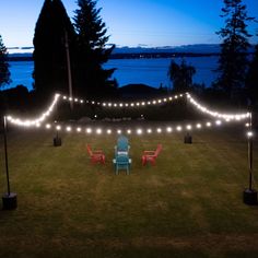 some chairs and lights in the grass