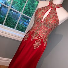 Jovani Red And Gold Gown. Worn Once Still In Great Condition! No Stains Or Rips! Red Embellished Fitted Maxi Dress, Fitted Embellished Red Maxi Dress, Fitted Red Embellished Maxi Dress, Red Embellished Gown For Formal Occasions, Red Festive Evening Dress For Red Carpet, Red Embellished Evening Dress For Gala, Festive Fitted Evening Dress For Red Carpet, Red Festive Maxi Dress For Prom, Red Embellished Gown For Prom Season