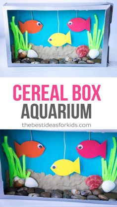 the cereal box aquarium is made with construction paper and plastic straws to make it look like they are floating in water