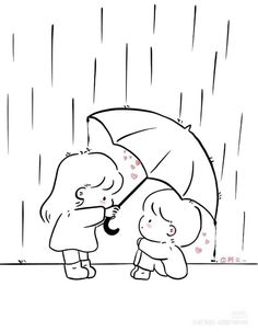 a child and an adult are standing in the rain under an umbrella