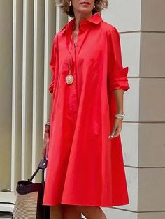 Red Casual Collar Long Sleeve Fabric Plain Shirt Embellished Non-Stretch  Women Plus Clothing Mode Over 50, Office Party Dress, Loose Shirt Dress, Dress Sleeve Length, Collared Shirt Dress, Casual Long Sleeve Shirts, Shirt Dress Casual, Loose Outfit, Long Shirt Dress