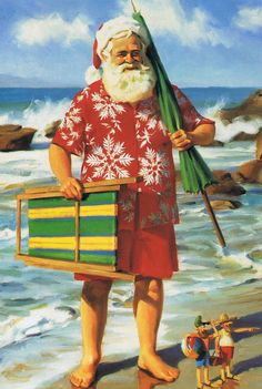 a painting of a man on the beach holding a surfboard and wearing a santa claus outfit