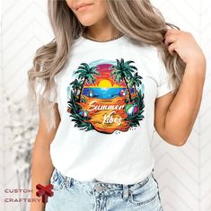 Summer Vibes T-Shirt, Colorful Summer Shirts for Women,Tropical Summer Tshirt,Girls Summer Outfit,Summer Beach Vacation Gift,Palm Tree Shirt ----- How To Order ----- 1-) Please, check and review all the photos. 2-) Choose your t-shirt size and color. *Different styles of shirts may have different shades of same color choice due to different manufacturer brands. *For this reason, we recommend you to match shirts from the same styles if you want precisely matching colors (ex. Unisex, V-necks, Todd Summer Shirts For Women, Palm Tree Shirt, Summer Tshirt, Summer Beach Vacation, Summer Beach Outfit, Tropical Summer, Tree Shirt, Girls Summer Outfits, Shirts For Women