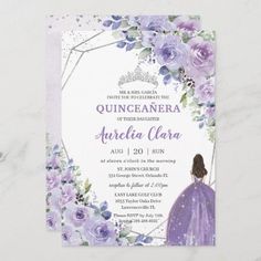 a purple and gold princess birthday party with flowers on the front, and an image of a