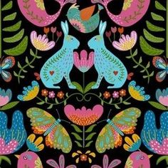 an image of birds and flowers on a black background with pink, blue, green, yellow