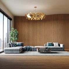 a modern living room with wood paneled walls and floor to ceiling windows overlooking the city