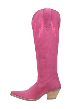 Tonal lightning-bolt stitching leaves the Western appeal of this knee-high boot thunderstruck. The stacked Cuban heel and snip toe are pure honky-tonk. 2 1/2" heel 16" shaft Cushioned footbed with arch support Leather upper/textile lining/synthetic sole Imported Pink Western Boots With Wide Calf, Pink Western Wide Calf Boots, Pink Knee-high Wide Calf Boots, Pink Wide Calf Western Boots, Pink Wide Calf Knee-high Boots, Lightning Embroidery, Snip Toe Cowgirl Boots, Cowgirl Outfit, Western Store