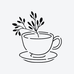 a drawing of a coffee cup with sprigs in it on a saucer