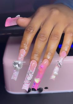 Pink Freestyle Nails, Valentines Content, Cute Long Nails, Exotic Nail Designs, Colored Acrylic Nails, Cute Acrylic Nail Designs