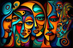 an abstract painting with many different faces