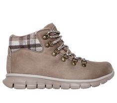 Follow those paths in cozy comfort wearing Skechers Synergy - Plaid Mood. This 3M Scotchgard treated hiker-style sneaker boot features a distressed vegan leather upper with a padded 'plaid blanket' collar and a cushioned Warm Tech Memory Foam insole. | Skechers Women's Synergy - Plaid Mood Boots | Medium Width | Treated with 3M Scotchgard to resist water and stains | Warm Tech Memory Foam cushioned comfort insole is designed to retain body heat | Crafted with 100% vegan materials | Vegan leather Rugged Sneakers For Outdoor Activities In Fall, Rugged Sneakers For Fall Outdoor Activities, Rugged Fall Sneakers For Outdoor Activities, Insulated Sneakers For Fall Outdoor Activities, Fall Lace-up Hiking Boots For Walking, Fall Lace-up Hiking Boots, Waterproof Boots With Cushioned Footbed For Fall Outdoor Activities, Fall Hiking Sneakers With Round Toe, Fall Waterproof Boots With Cushioned Footbed For Outdoor Activities