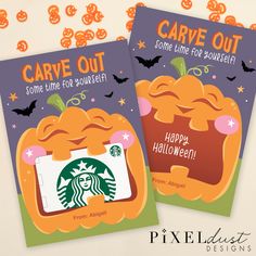 two halloween greeting cards with the words, carve out some time for booze