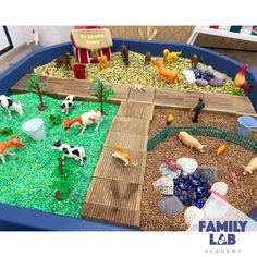 a toy farm with animals and people playing in the sandbox at family lab academy